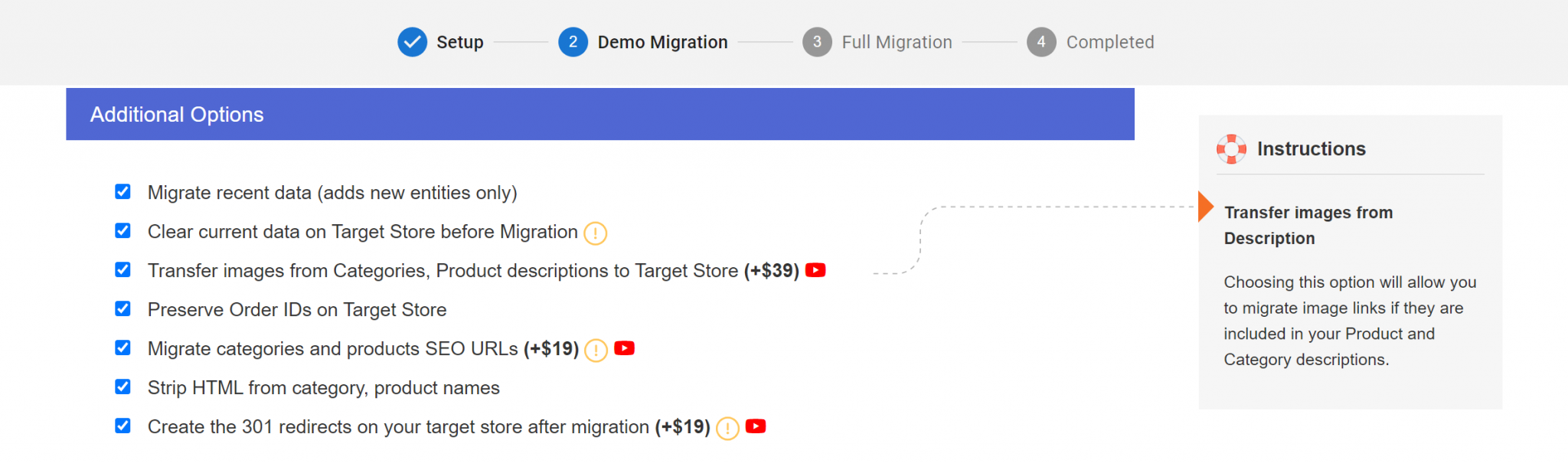 Select the additional data you want to migrate from Shopify to BigCommerce